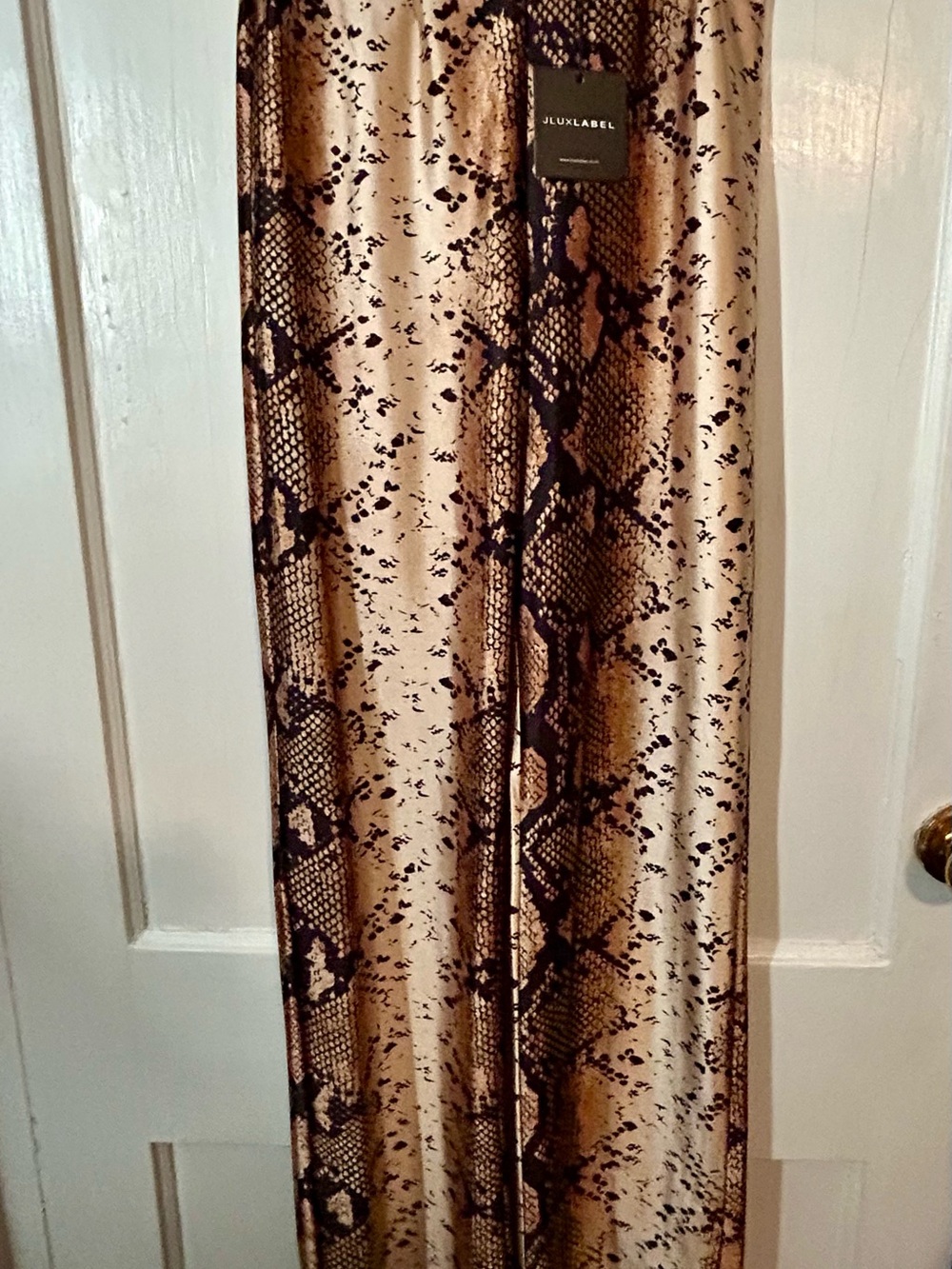 JLUXLABEL Satin Snake-Print Pants in Black & Tan🔥